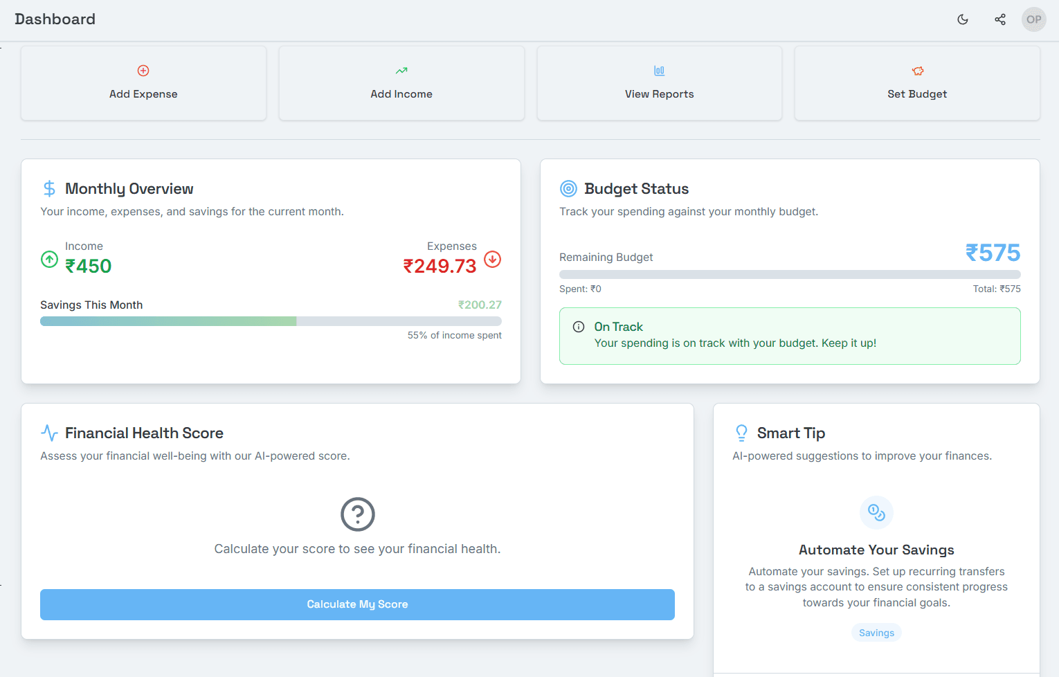 FinTrack AI application dashboard showing charts and financial summaries